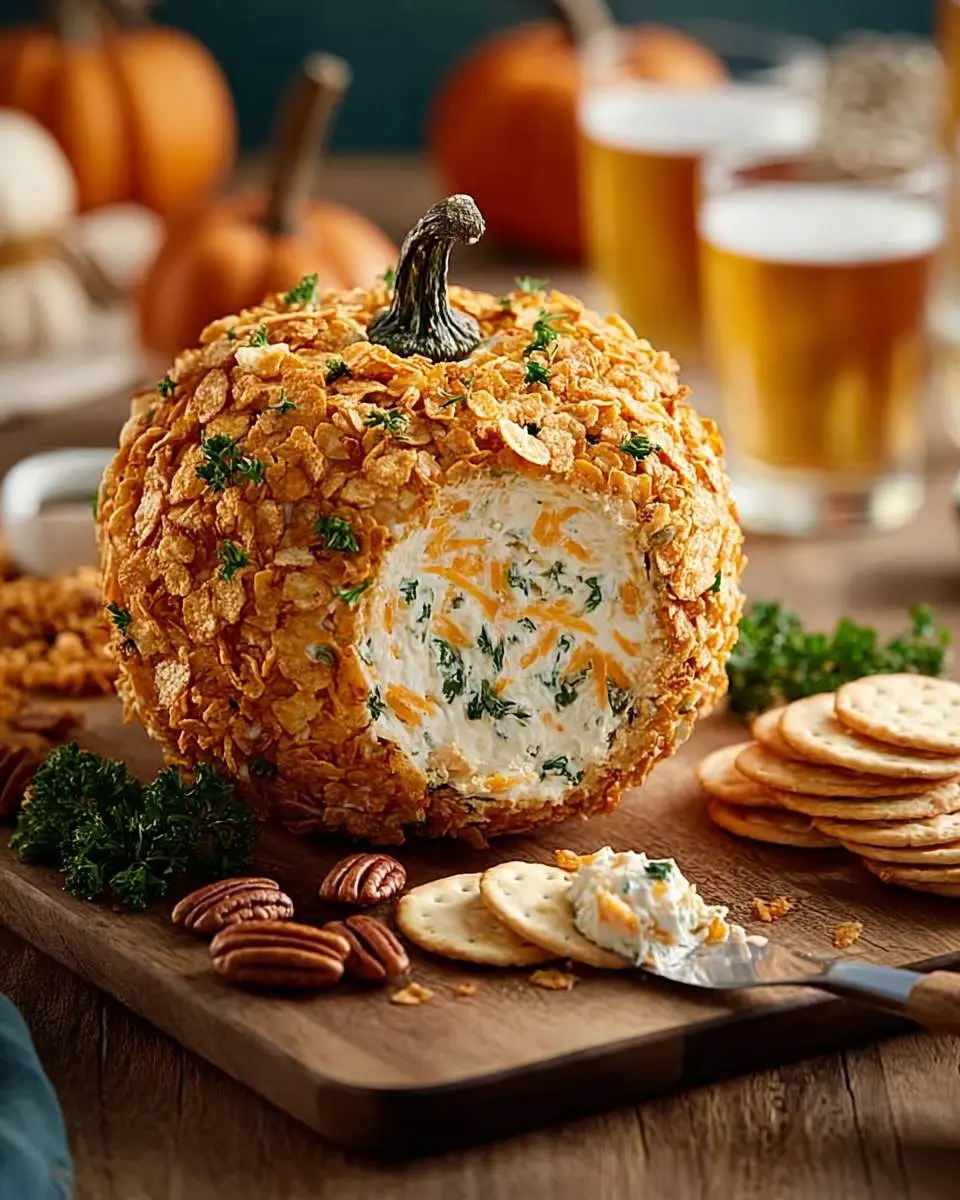A festive Pumpkin Cheese Ball appetizer with a real pumpkin stem, served on a wooden board with crackers and pecans.