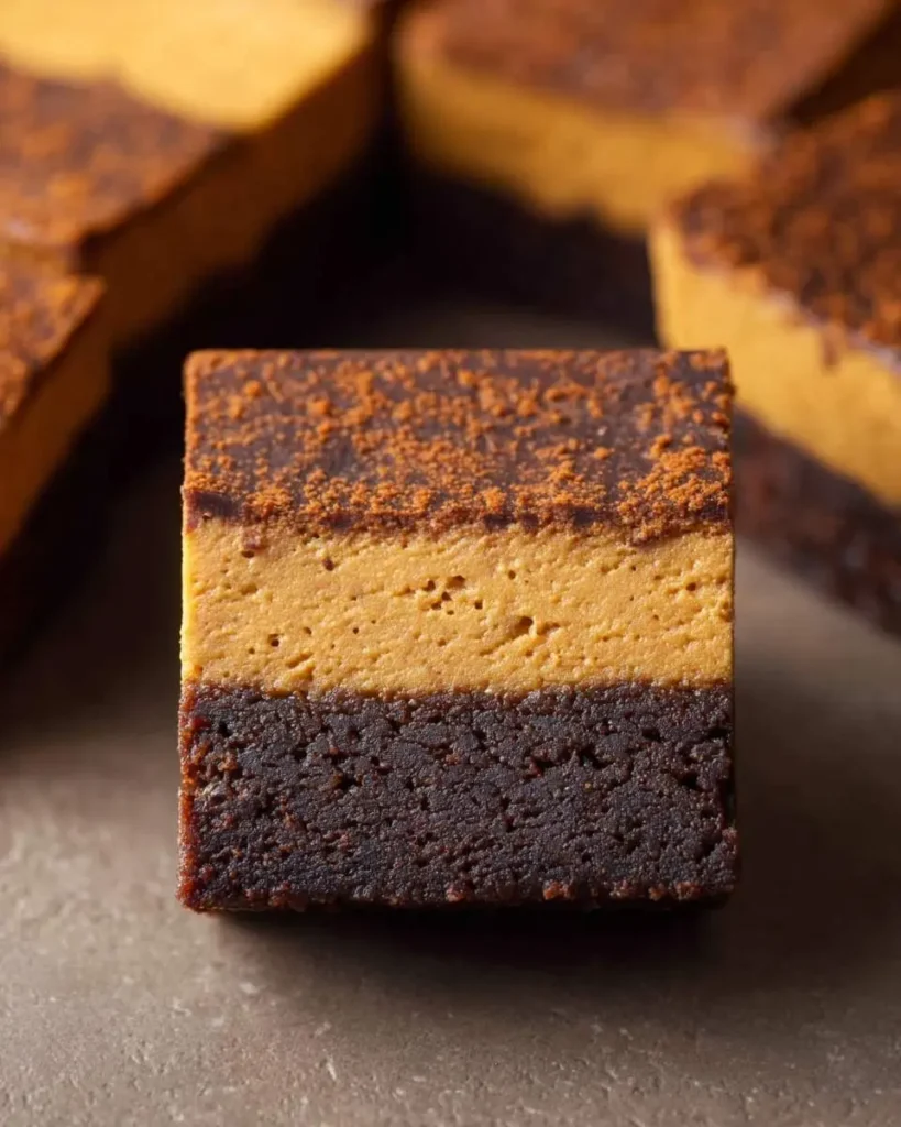 A perfectly cut Pumpkin Cheesecake Brownie square displaying a dark chocolate brownie base, a creamy orange pumpkin layer, and a chocolate topping.