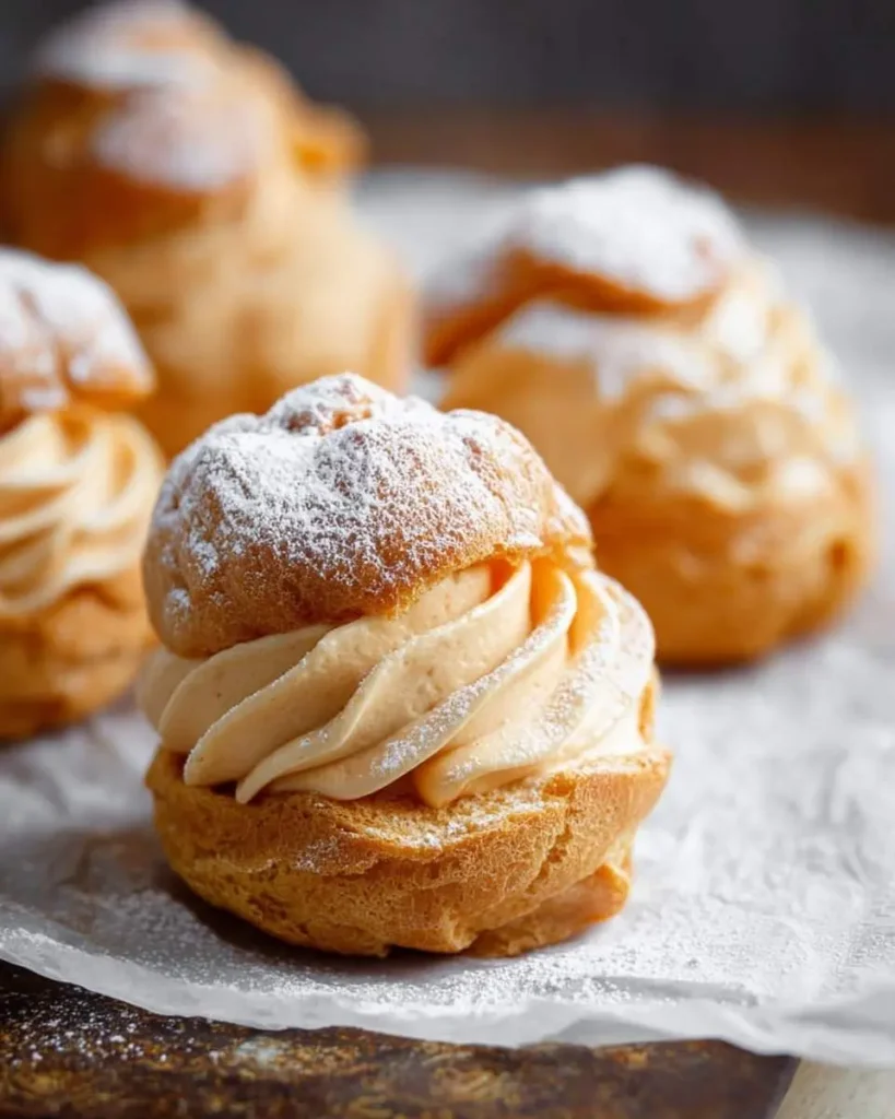 A close-up shot of several delicate Pumpkin Cream Puffs, each filled with swirled cream and dusted with powdered sugar.