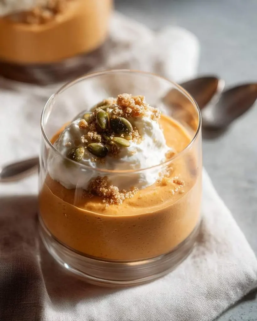 A glass of smooth Pumpkin Mousse topped with a dollop of whipped cream, green pumpkin seeds, and a brown sugar crumble.