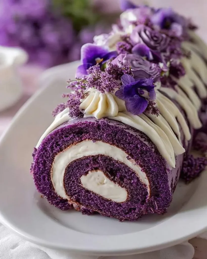 A beautifully decorated slice of Purple Velvet Cake Roll with a cream cheese swirl filling and fresh purple flowers.