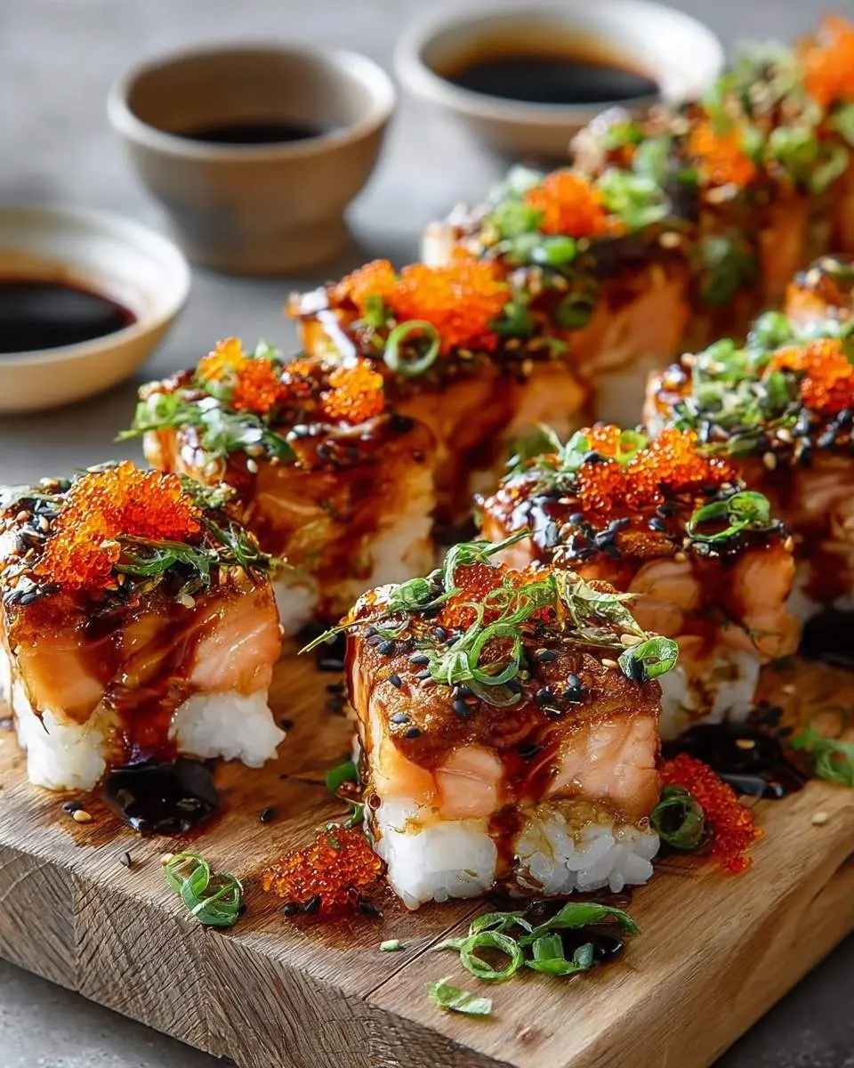 Close-up of square-cut salmon sushi bake pieces on a wooden board, drizzled with sauce and topped with roe and green onions.