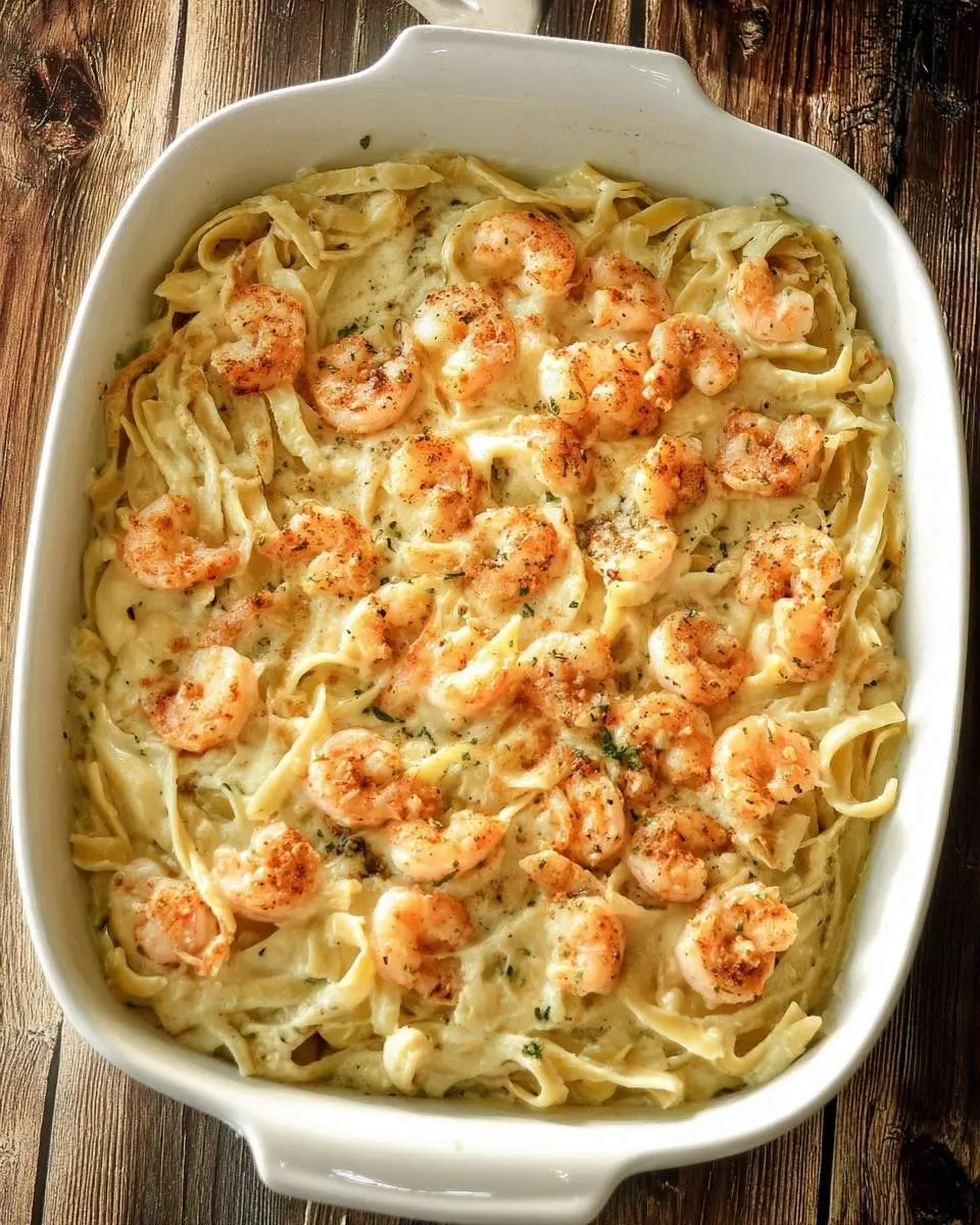 A white baking dish filled with a creamy Seafood Alfredo Casserole, featuring fettuccine pasta and many perfectly cooked, seasoned shrimp.