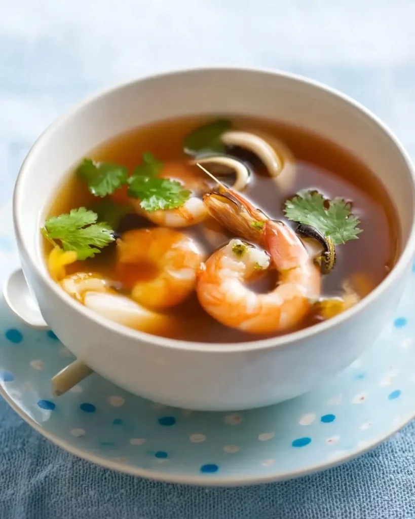 A close-up of a white bowl of authentic seafood tom yum soup with shrimp, calamari, and fresh cilantro garnish.