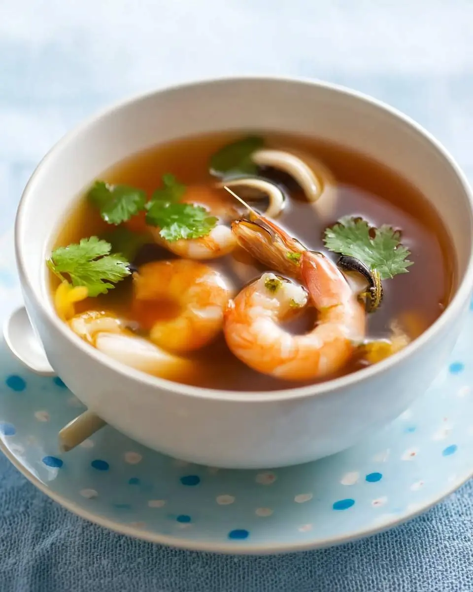 Creamy Seafood Tom Yum Soup (An Authentic 45-Minute Recipe) 2 A close-up of a white bowl of authentic seafood tom yum soup with shrimp, calamari, and fresh cilantro garnish.