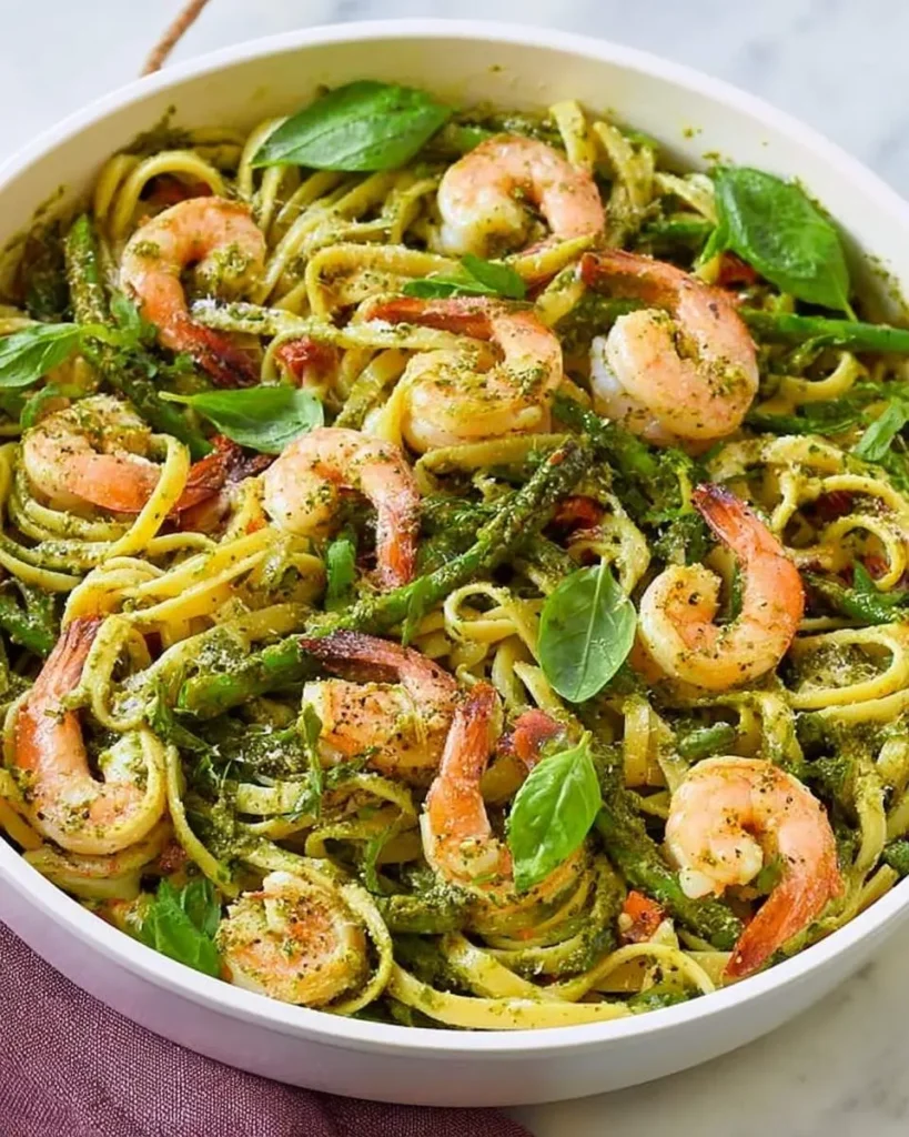 A close-up of a white serving bowl filled with vibrant Shrimp Pesto Pasta, featuring plump shrimp, green pesto, asparagus, and fresh basil.
