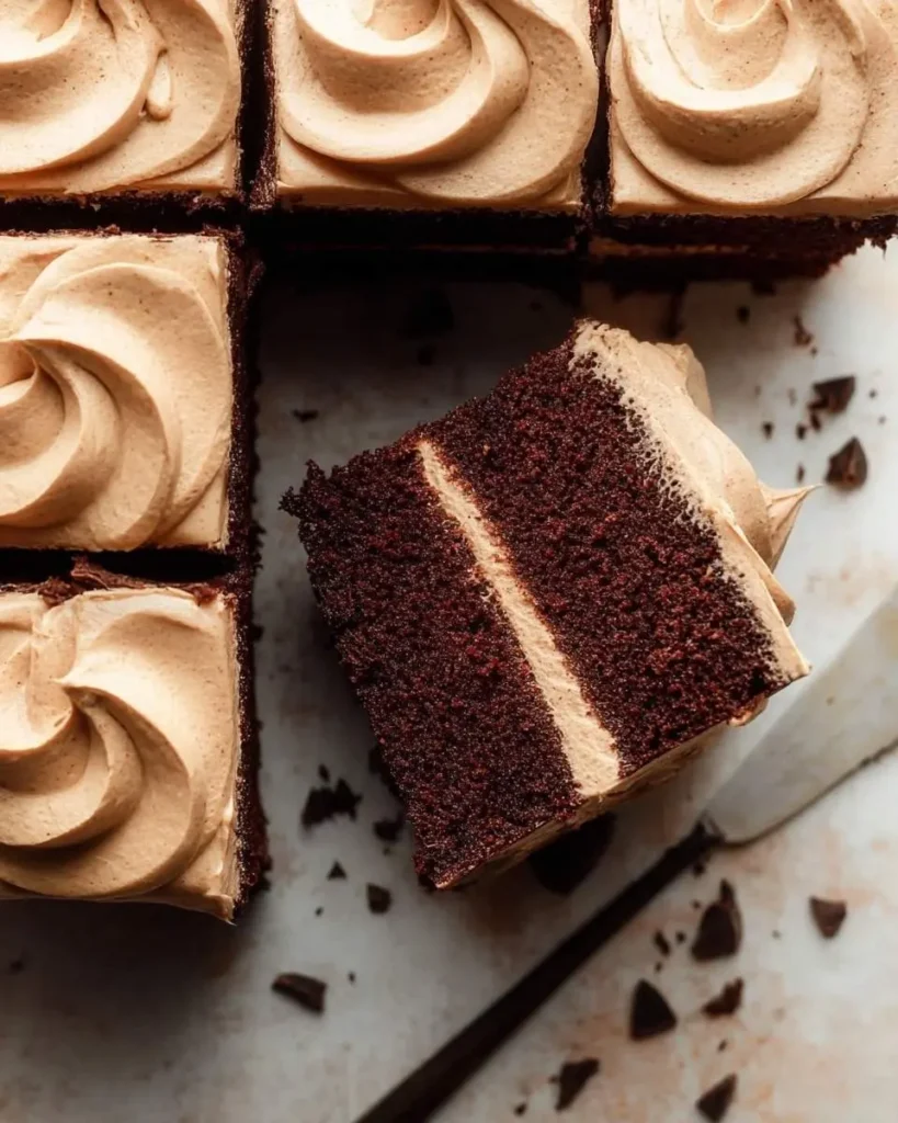 A delicious slice of Spiced Chocolate Pumpkin Cake sits next to several whole squares, all topped with swirled buttercream frosting.