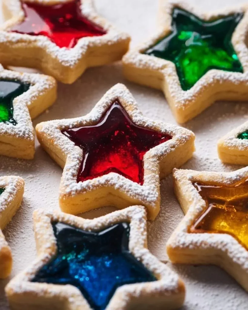 A close-up of festive star-shaped stained glass cookies with red, green, blue, and yellow centers, dusted with powdered sugar.