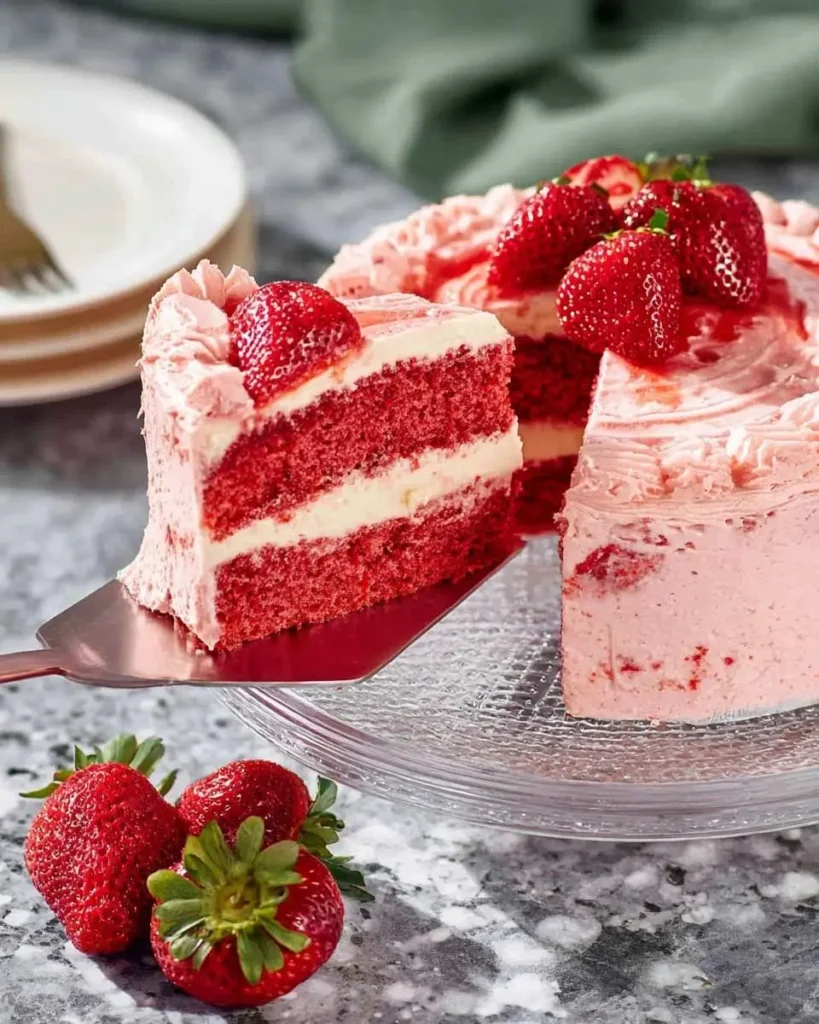 A slice of a vibrant red strawberry cake with creamy white frosting layers is being lifted from a whole cake adorned with fresh strawberries.