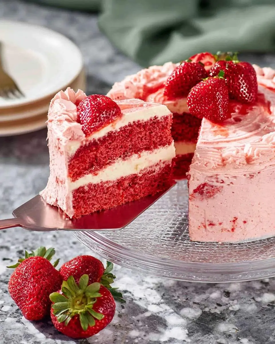 A slice of a vibrant red strawberry cake with creamy white frosting layers is being lifted from a whole cake adorned with fresh strawberries.