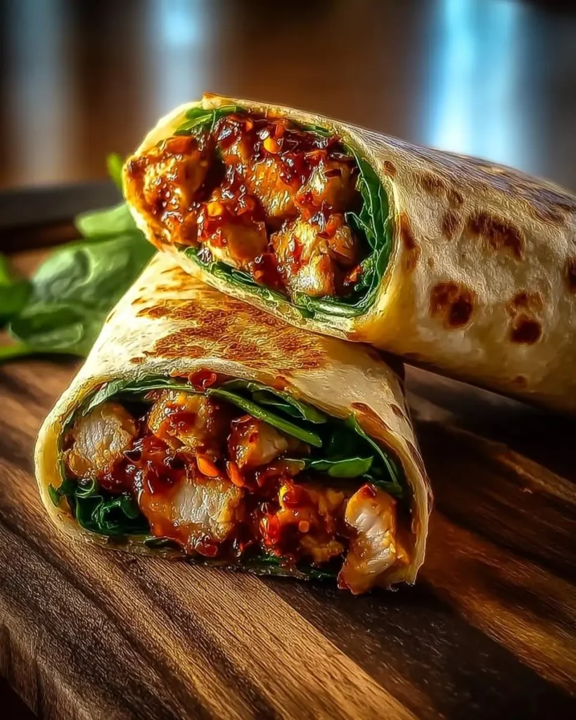 Two delicious Sweet Chili Chicken Wraps, cut in half and filled with chicken, spinach, and a rich red sauce, resting on a wooden board.