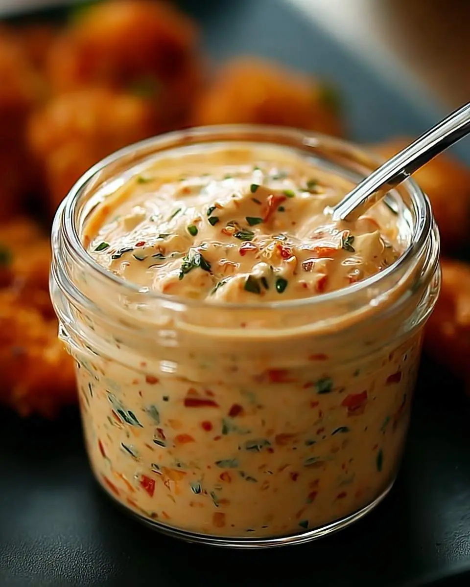Tangy New Orleans Remoulade 2 A close-up of a glass jar filled with creamy, Tangy New Orleans Remoulade sauce, garnished with green herbs and red pepper flecks, with a spoon dipped in.