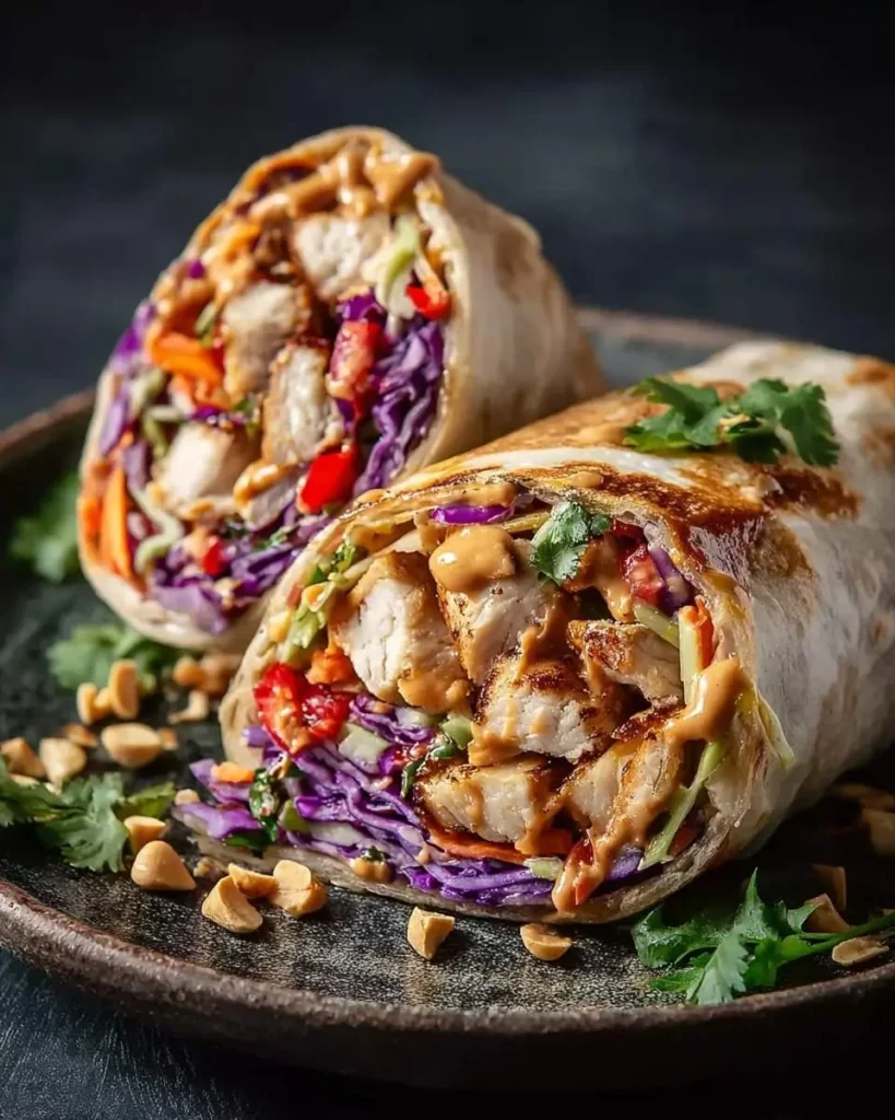 Two Thai Peanut Chicken Wraps with grilled chicken, colorful vegetables, peanut sauce, and chopped peanuts on a dark plate.