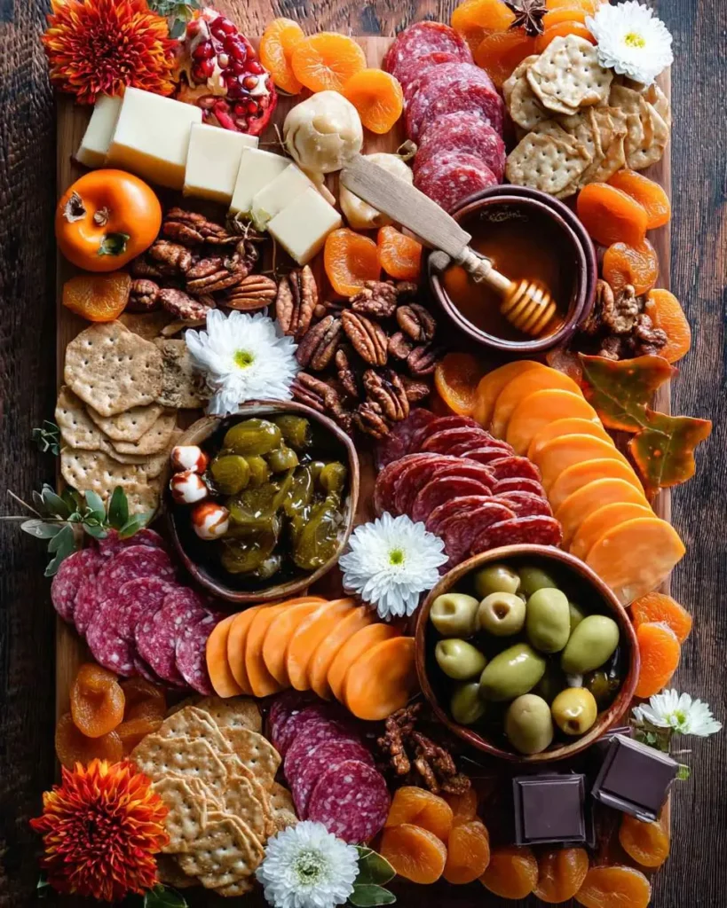 A festive Thanksgiving Charcuterie Board with meats, cheeses, fruits, nuts, and crackers arranged on a dark wooden platter.