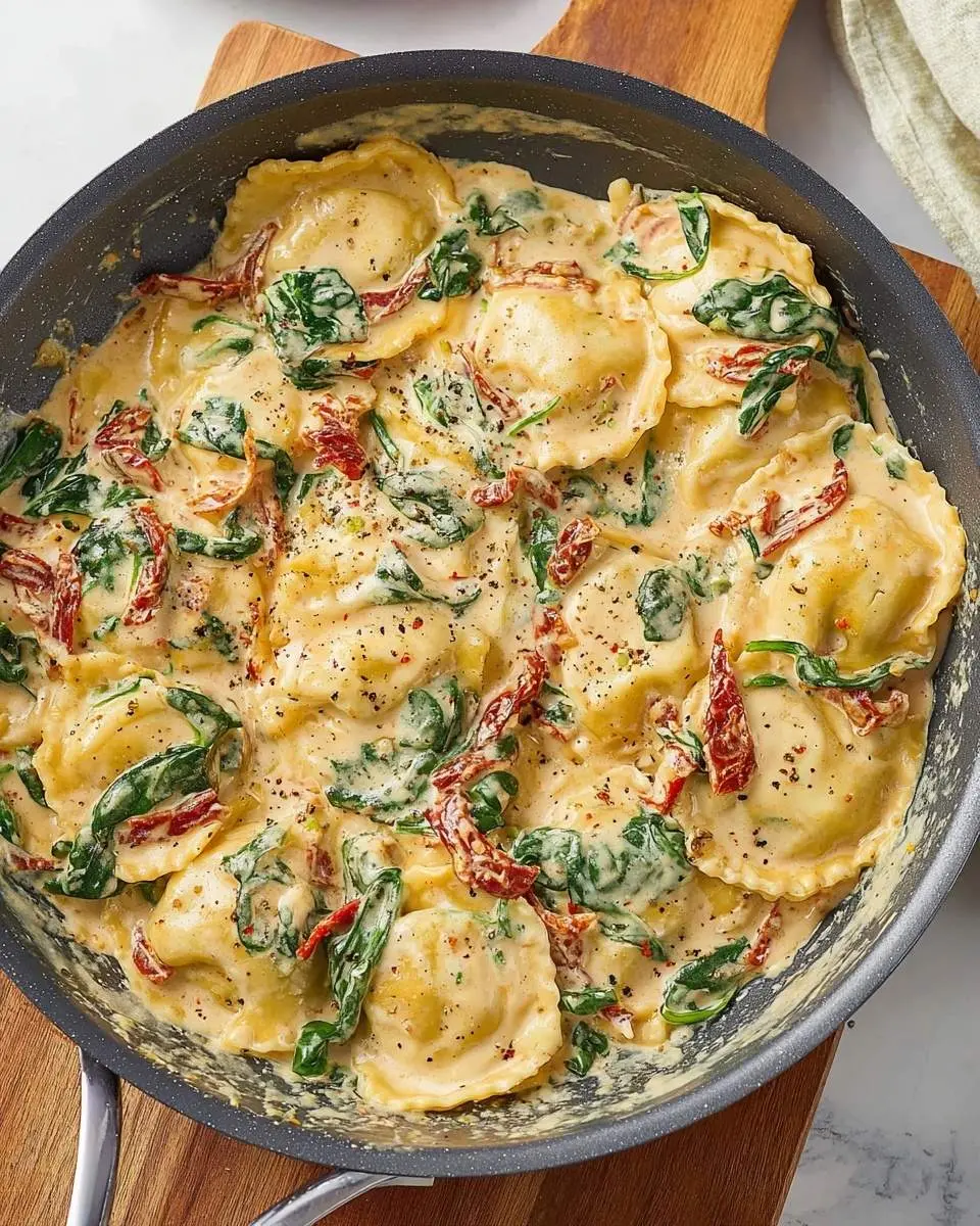 Tuscan Ravioli 2 Delicious Tuscan Ravioli in a creamy sauce with spinach and sun-dried tomatoes, seasoned with black pepper, in a pan.
