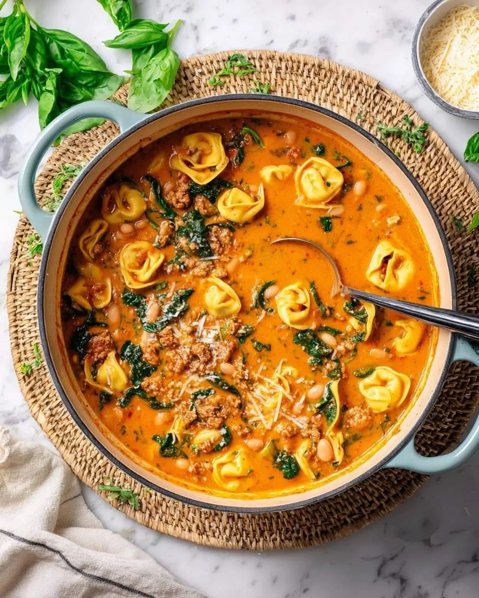 A close-up of a blue pot brimming with creamy tuscan tortellini soup, featuring pasta, sausage, spinach, and white beans.