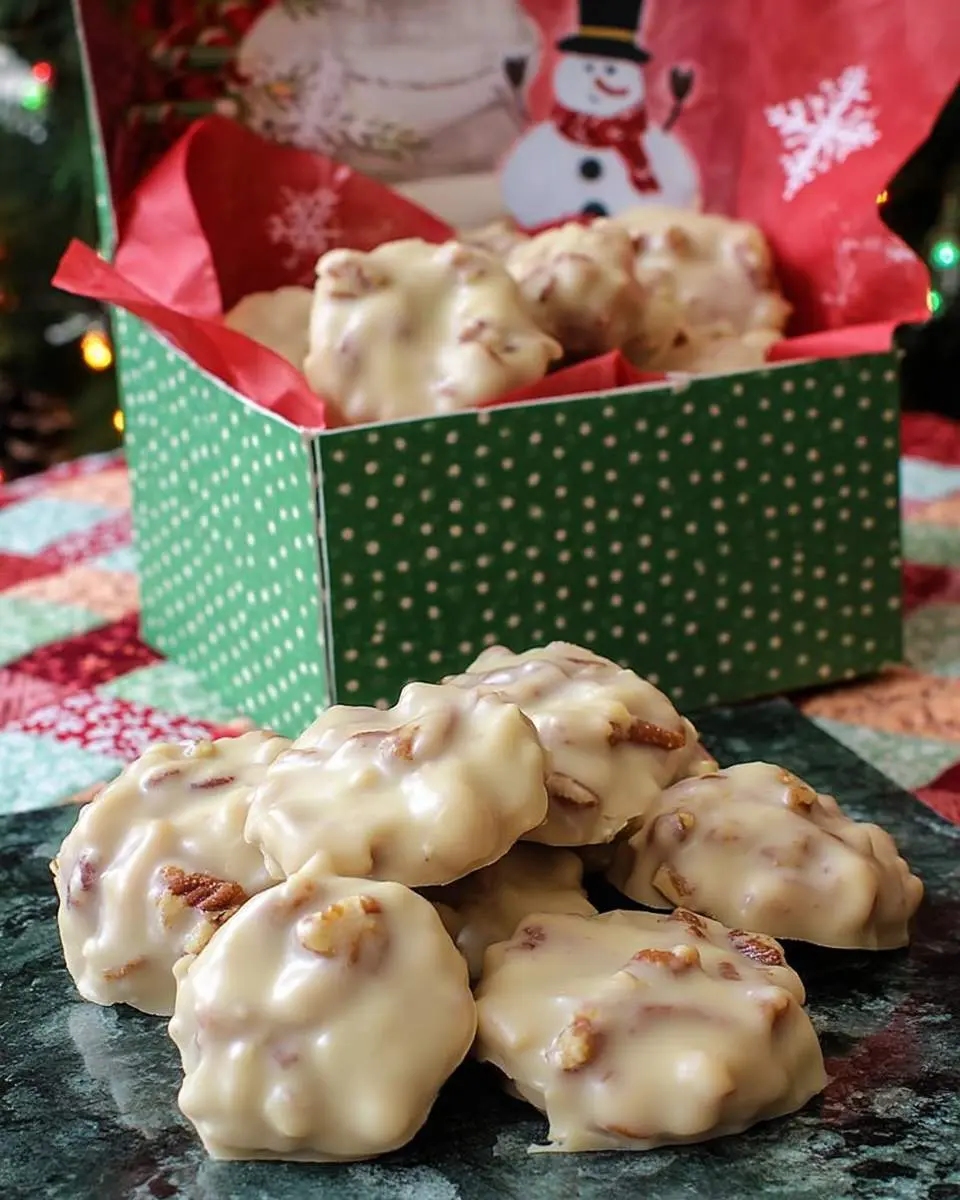 Vanilla Pecan Pralines – Sweet & Festive Christmas Treat 2 A pile of creamy Vanilla Pecan Pralines on a dark platter, with more in a Christmas-themed gift box in the background.