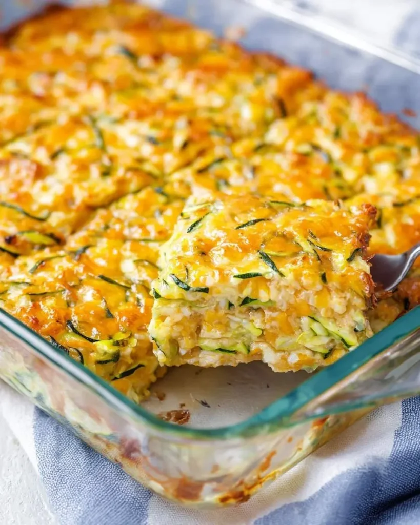 A golden-brown Zucchini Casserole baked in a glass dish, with a slice being lifted out to reveal layers of zucchini, rice, and cheese.