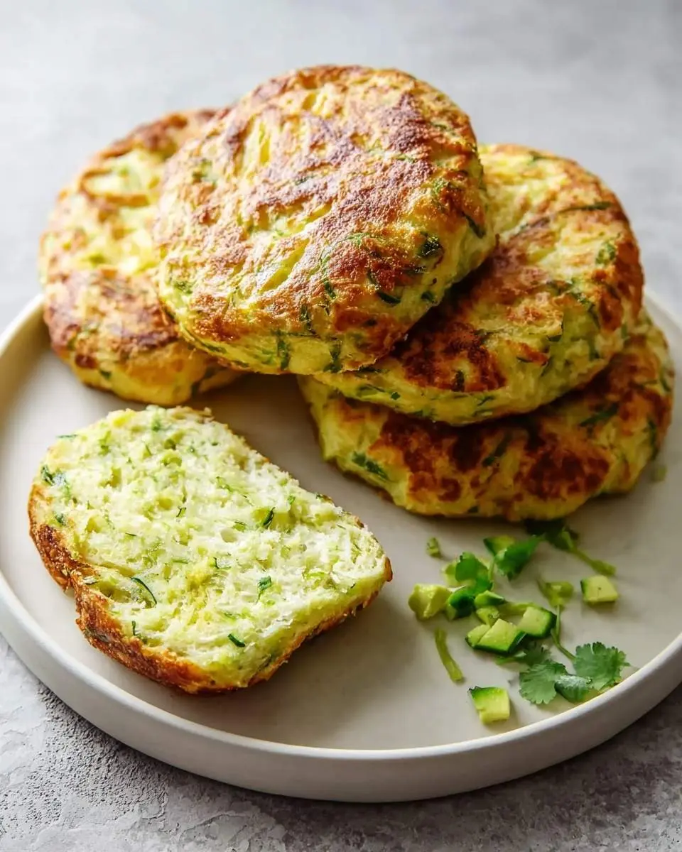 A plate showcasing several golden-brown 3 Ingredient Avocado Bread fritters, with one sliced open revealing a light green, fluffy interior, alongside diced avocado and cilantro.
