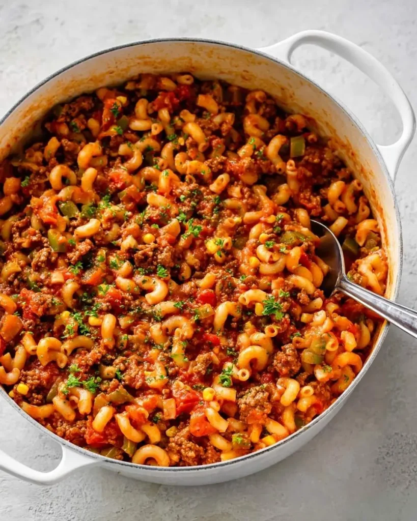 A hearty pot of American Goulash with elbow macaroni, ground beef, tomato sauce, corn, and bell peppers, garnished with fresh parsley.