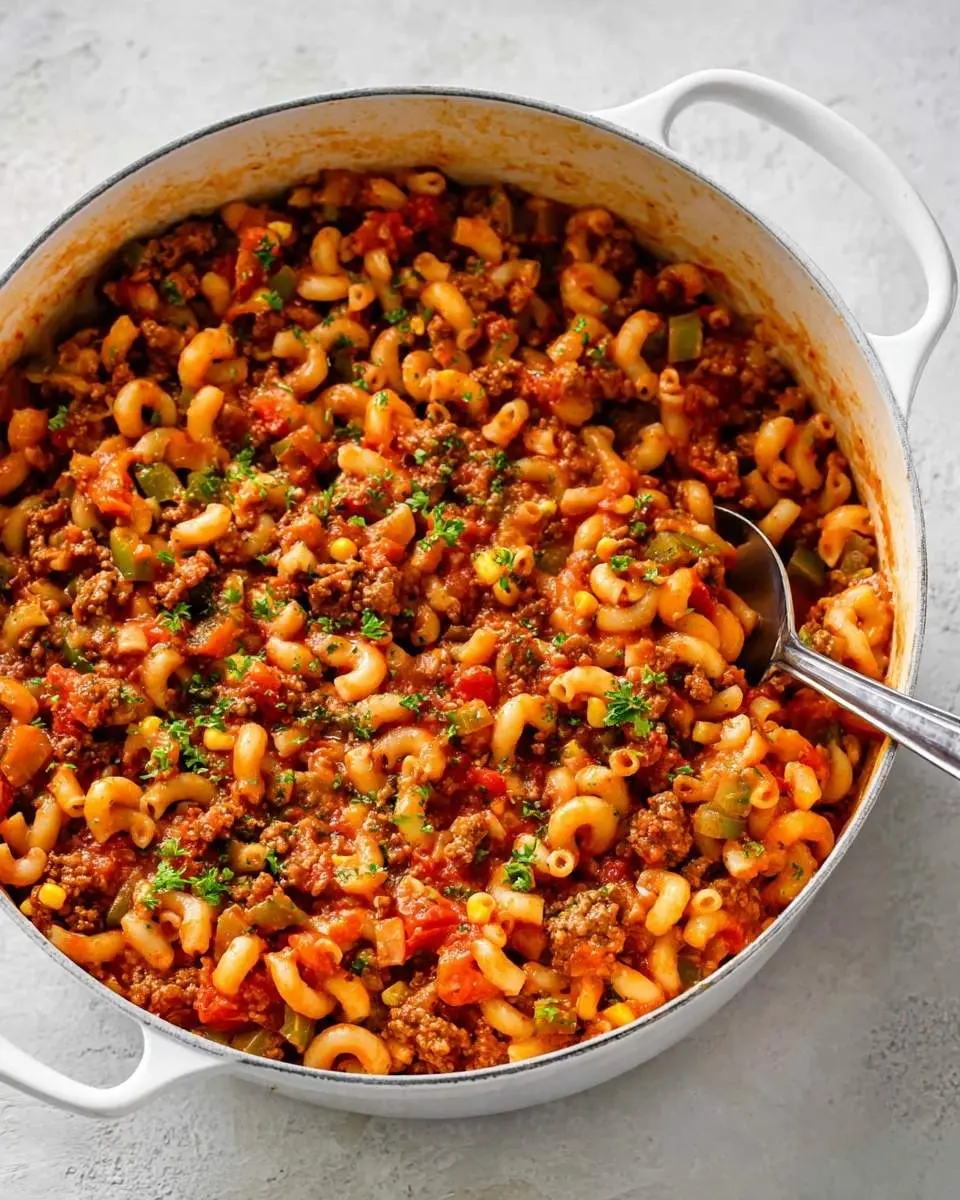 A hearty pot of American Goulash with elbow macaroni, ground beef, tomato sauce, corn, and bell peppers, garnished with fresh parsley.