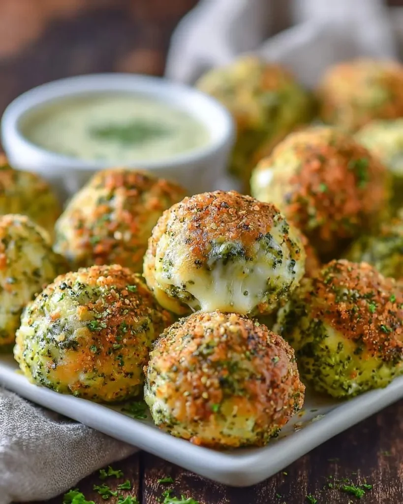 A close-up view of golden-brown Baked Broccoli Cheese Balls on a white platter, with melted cheese oozing from one and a creamy dipping sauce in the background.