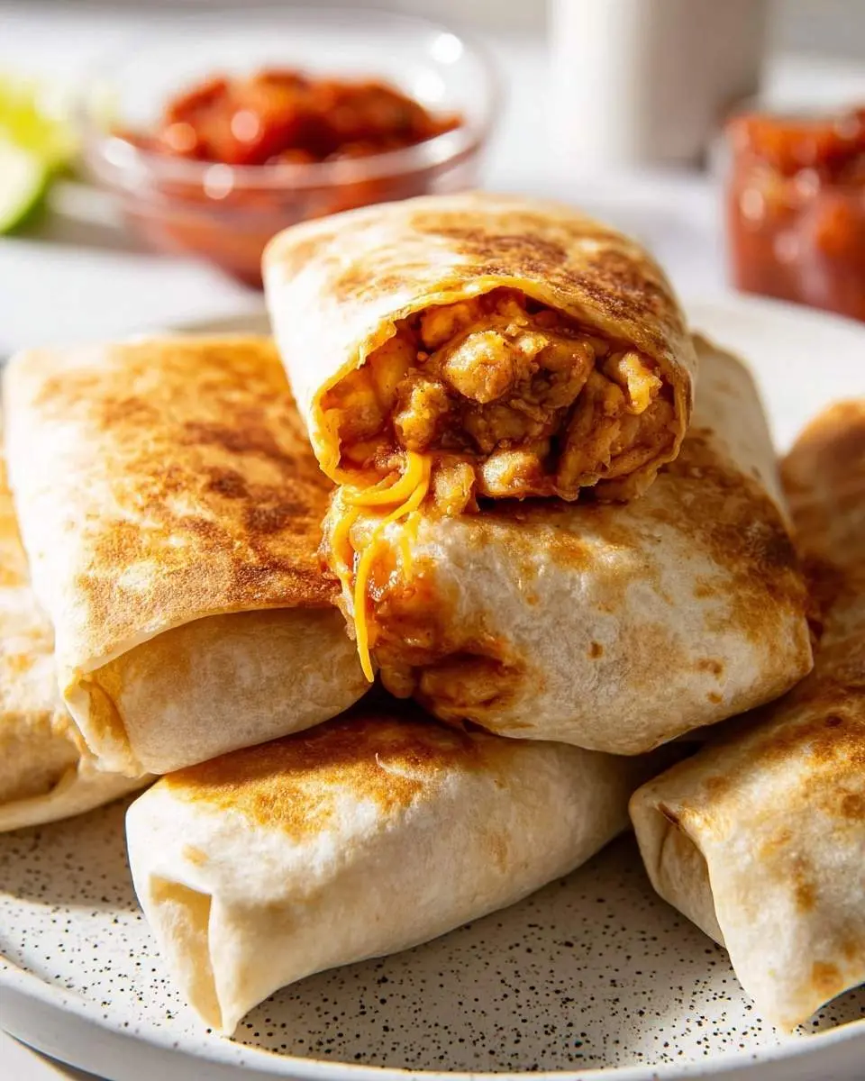 Several golden-brown burritos stacked on a plate, one opened to reveal a melted cheese and savory filling, showcasing hearty Bean and Cheese Burritos.