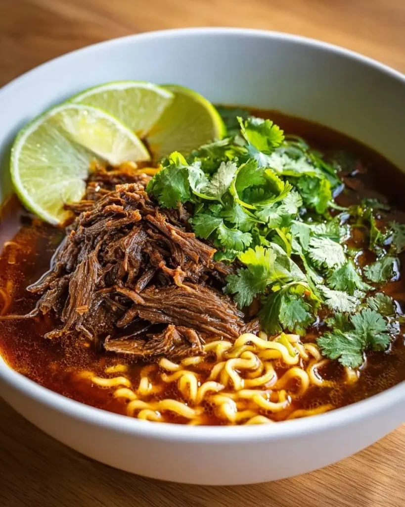 A close-up of a white bowl filled with delicious Birria Ramen, featuring shredded beef, wavy noodles, cilantro, and lime wedges in a rich broth.