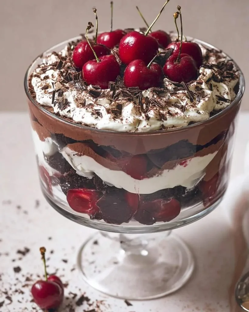 A stunning Black Forest Trifle served in a clear glass footed bowl, topped with whipped cream, chocolate shavings, and fresh red cherries.