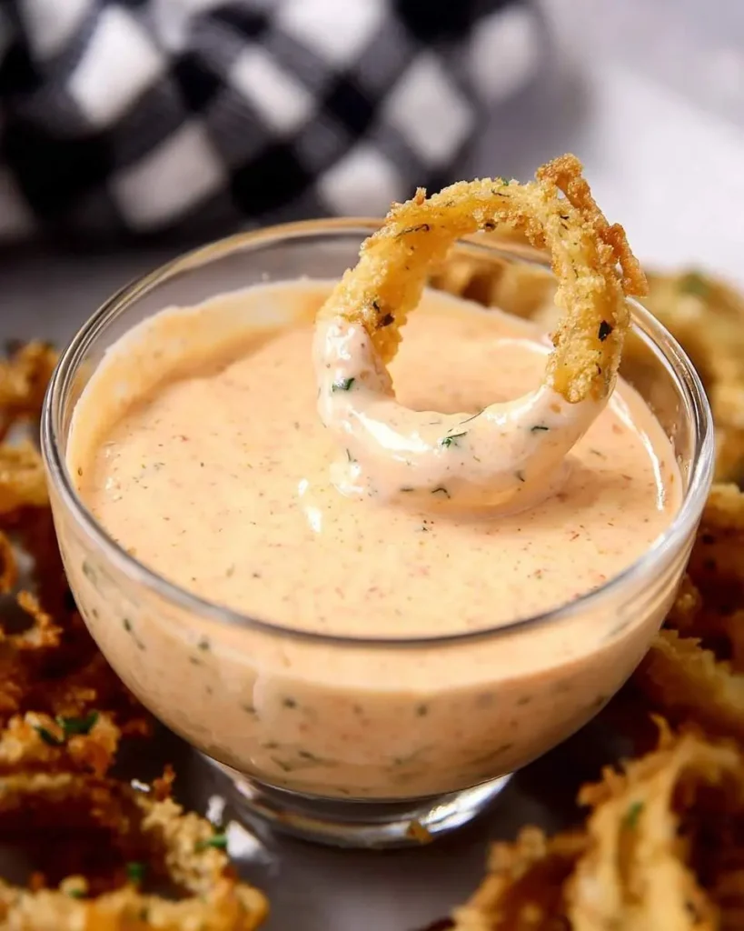 A crispy golden onion ring is dipped into a glass bowl filled with creamy, light orange Blooming Onion Sauce, garnished with green herbs.