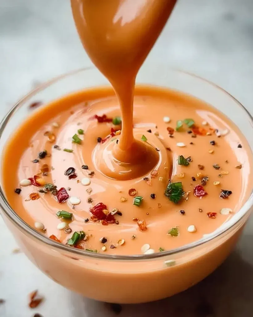 A stream of creamy, orange Boom Boom Sauce is poured into a clear glass bowl, garnished with red chili flakes and green herbs.