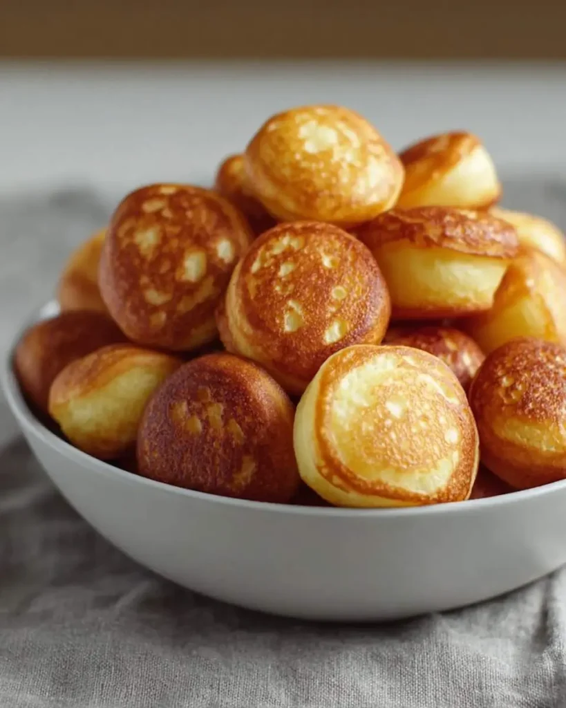A white bowl overflowing with perfectly golden-brown Breakfast Pancake Poppers resting on a grey linen tablecloth.