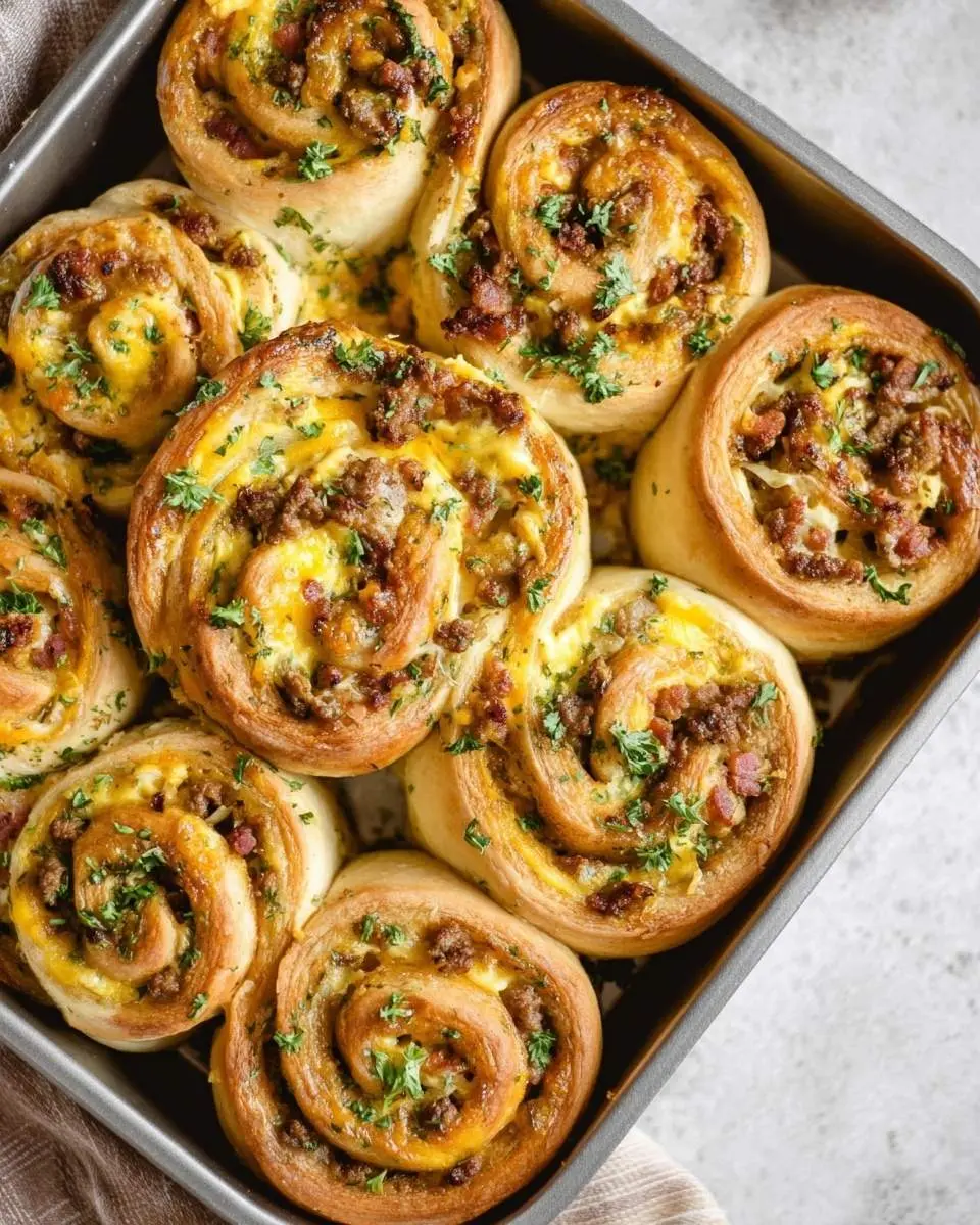 A baking pan filled with golden brown savory breakfast rolls, spiraled with sausage, eggs, cheese, and fresh parsley.