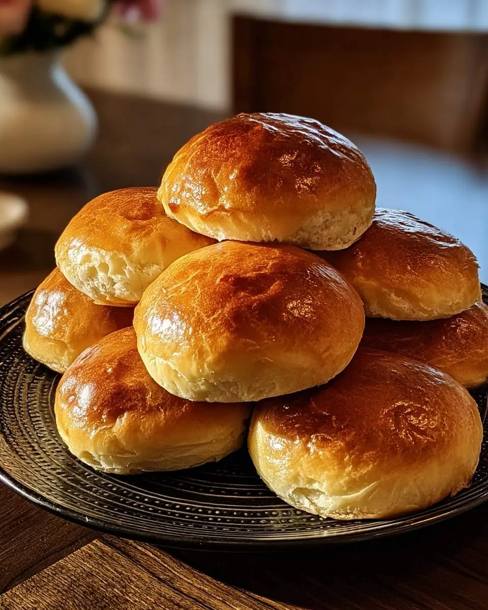A stack of freshly baked, golden-brown homemade Burger Buns sits on a dark decorative plate on a wooden table.