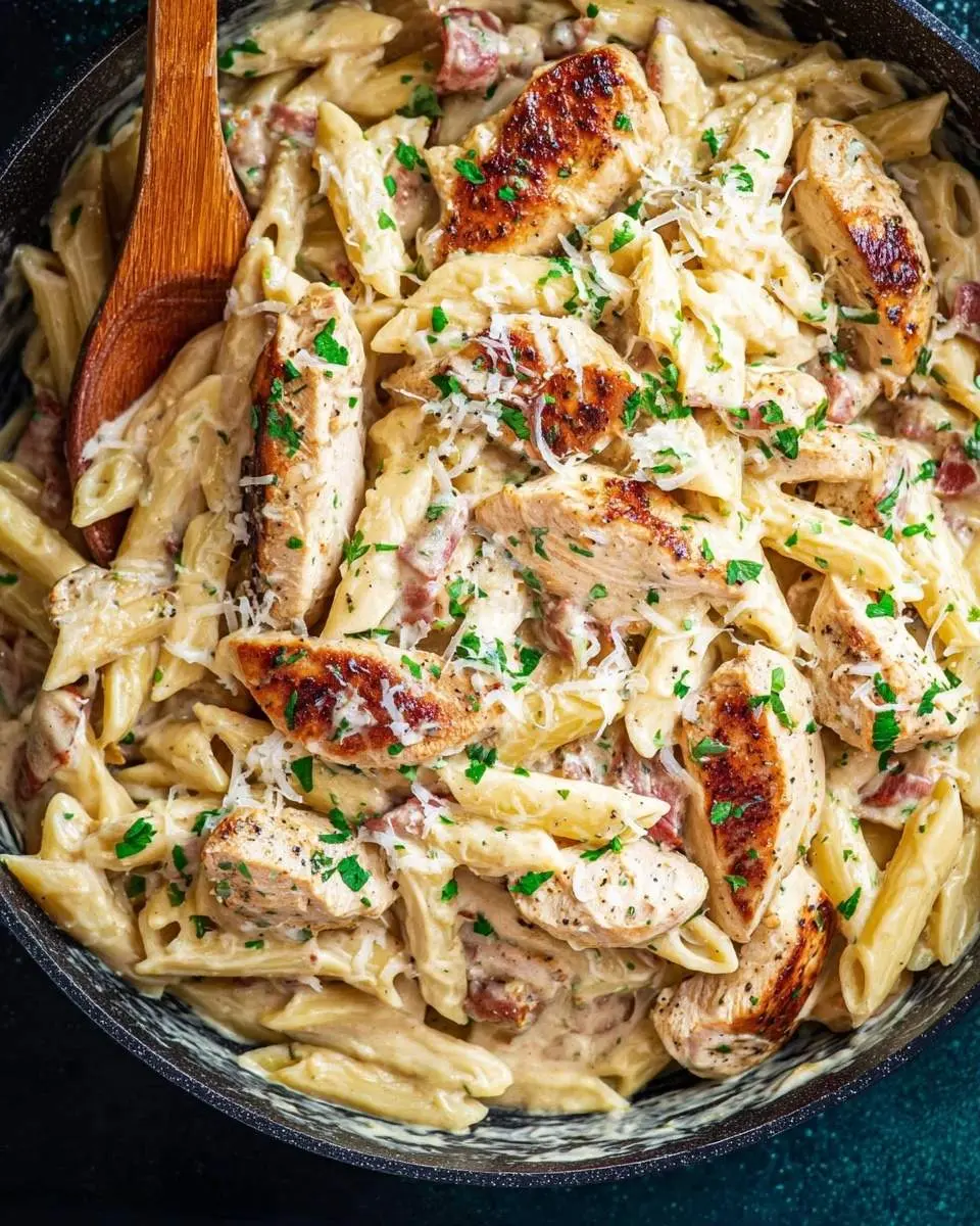 A close-up of a pan of creamy Cajun Chicken Alfredo pasta with grilled chicken, bacon, parmesan, and fresh parsley, ready to serve with a wooden spoon.