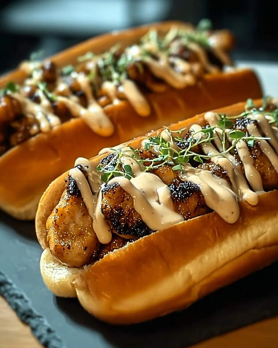 Two delicious Carolina Bird Dog Sandwiches with grilled chicken pieces, creamy sauce, and fresh herbs on a dark platter.