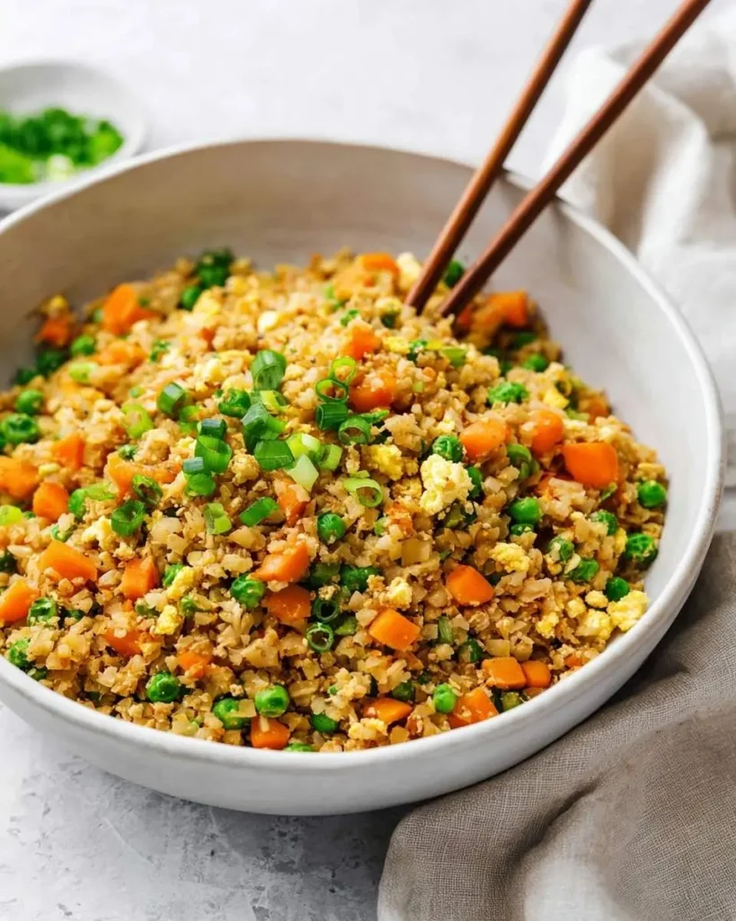 A large white bowl filled with healthy cauliflower fried rice, mixed with peas, diced carrots, scrambled eggs, and topped with fresh green onions, with chopsticks resting on the side.