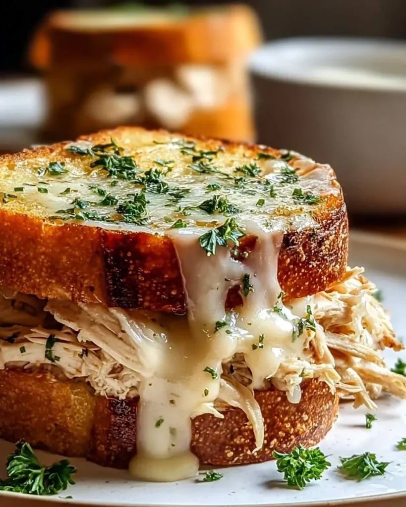 A close-up of a delicious Cheesy Chicken Garlic Bread Sandwich, featuring golden bread, shredded chicken, melted cheese, and fresh parsley.