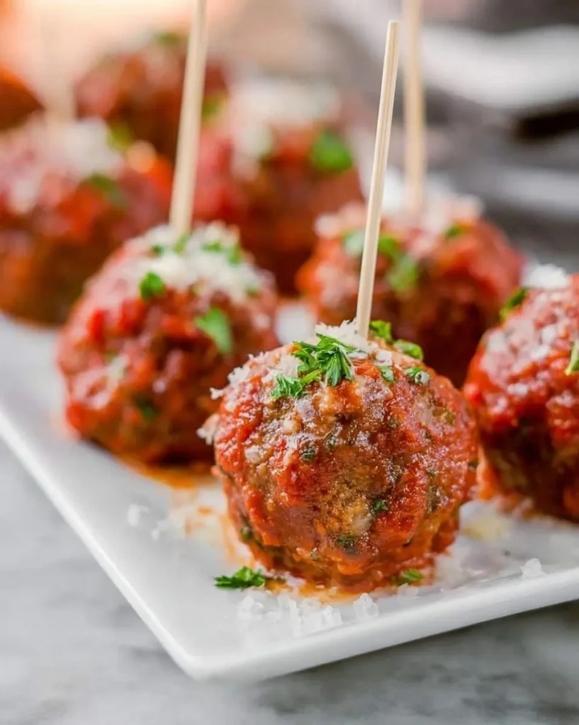 Close-up of savory Cheesy Mozzarella Meatballs coated in rich tomato sauce, garnished with herbs and served on a white plate with toothpicks.