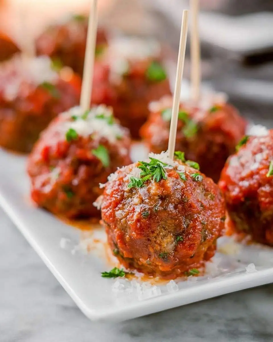 Close-up of savory Cheesy Mozzarella Meatballs coated in rich tomato sauce, garnished with herbs and served on a white plate with toothpicks.