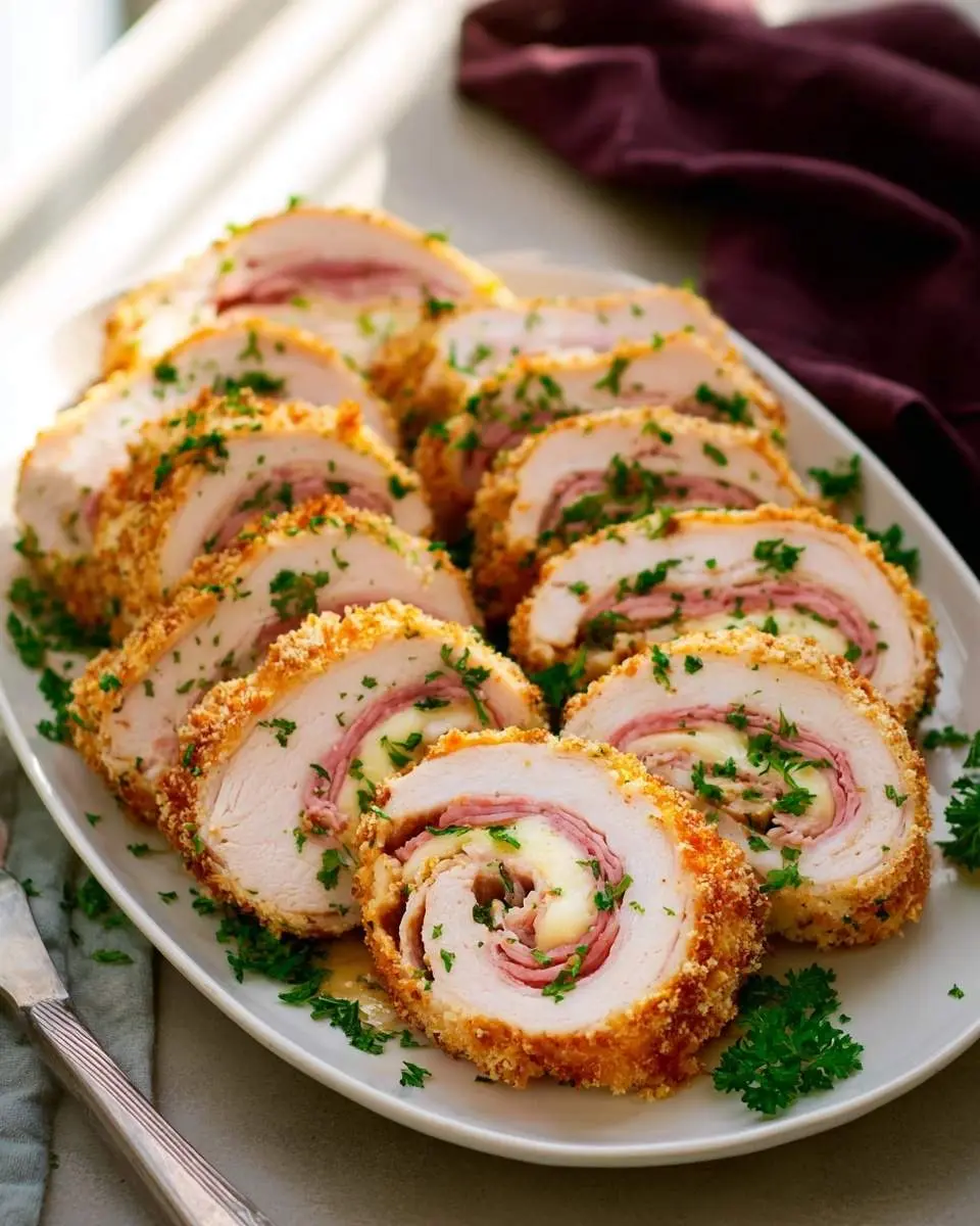 A platter of sliced Chicken Cordon Bleu, showing a spiral of ham and melted cheese inside a crispy breaded chicken roll.