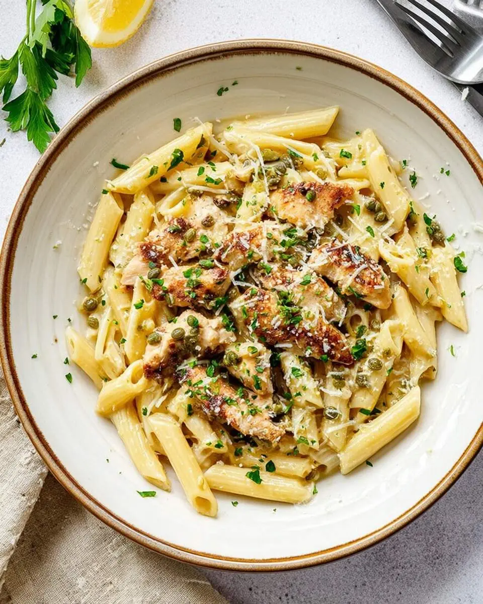 A vibrant bowl of Chicken Piccata Pasta featuring penne, tender chicken, capers, and fresh parsley, served with a lemon wedge.