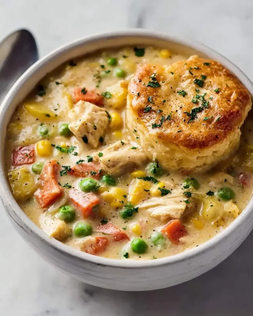 A close-up of a bowl of creamy chicken pot pie soup, filled with chicken, carrots, peas, and corn, topped with a golden biscuit.