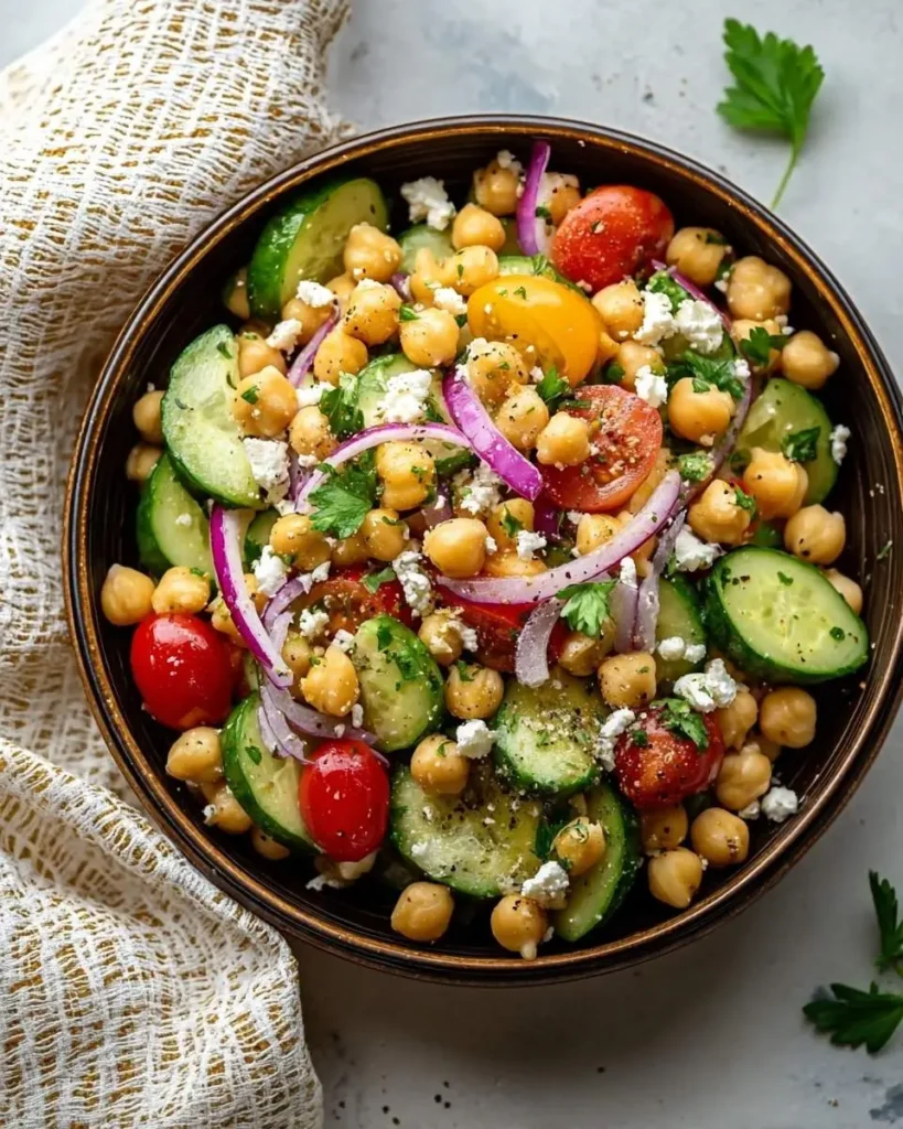 A vibrant overhead shot of a fresh chickpea salad in a dark bowl, featuring cucumbers, cherry tomatoes, red onion, feta, and parsley.
