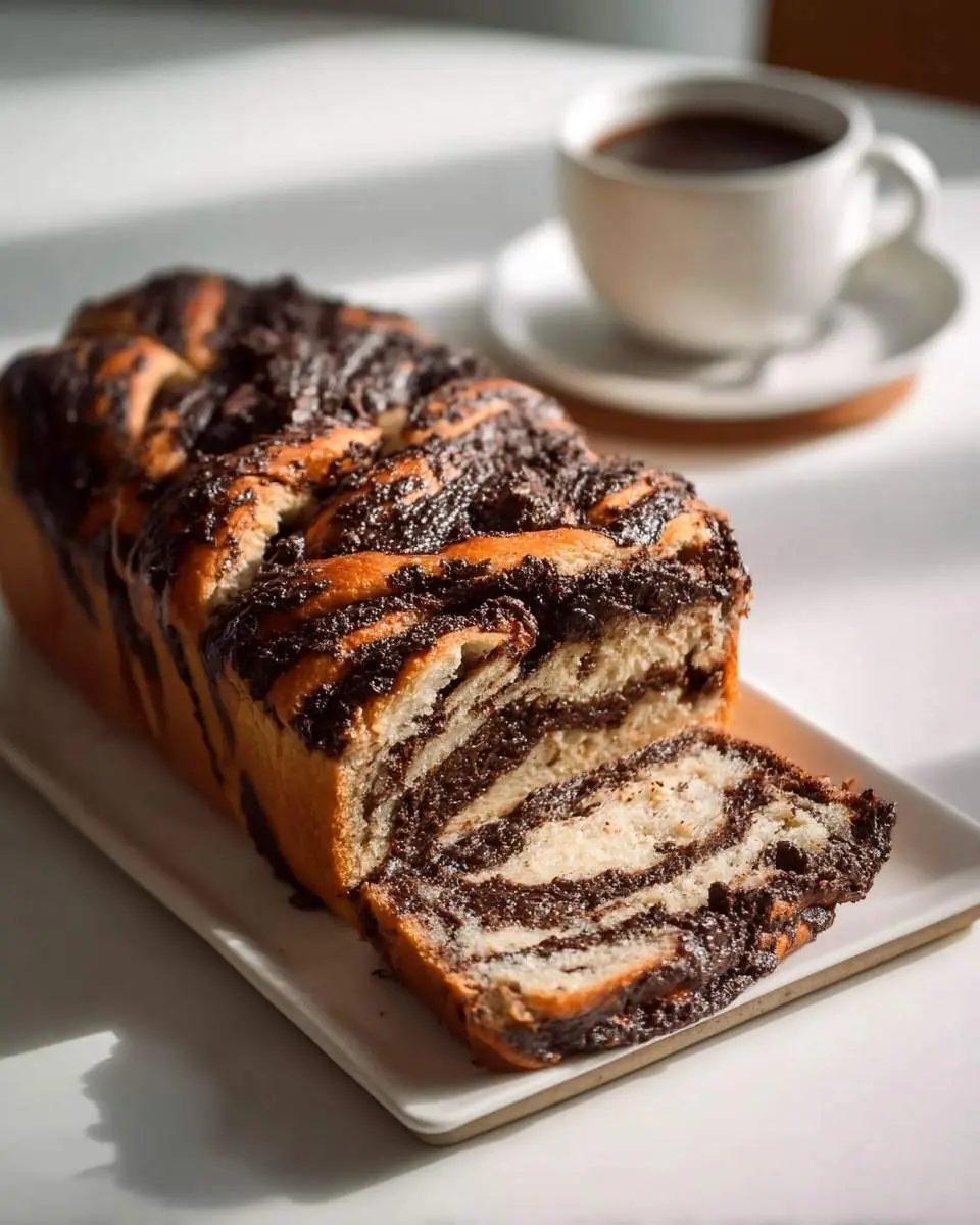 A delicious loaf of chocolate babka with a slice cut, revealing rich chocolate swirls, presented on a white plate with a coffee cup in the background.
