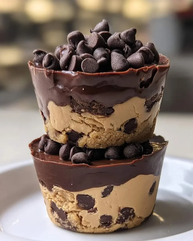 Two decadent Chocolate Chip Cookie Dough Cups, layered with peanut butter and chocolate ganache, generously topped with mini chocolate chips, stacked on a white plate.