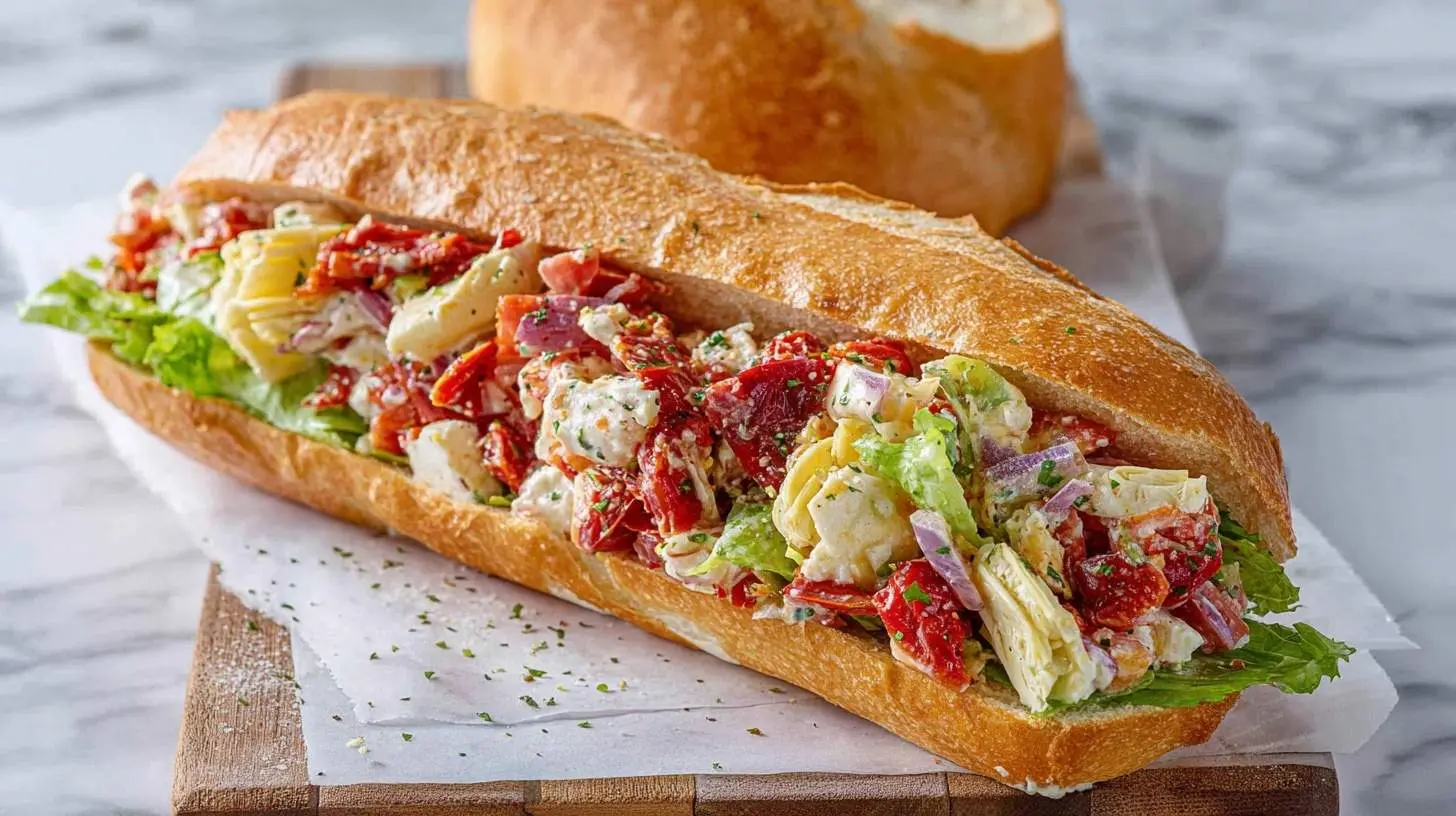 A mouth-watering Chopped Italian Sandwich overflowing with fresh lettuce, sun-dried tomatoes, artichoke hearts, and cheese on a baguette.
