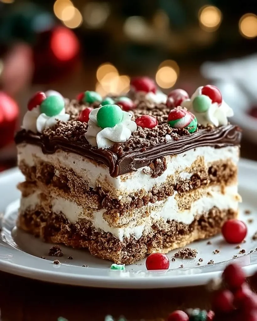 A festive slice of christmas cookie lasagna with layers of cream and crushed cookies, topped with chocolate, sprinkles, and red and green candies.