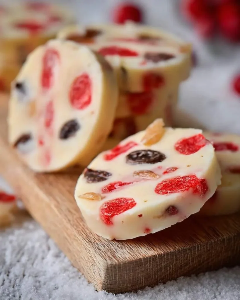 Sliced Christmas Maraschino Cherry Shortbread Cookies featuring red cherries and dried fruits on a wooden board with a snowy backdrop.