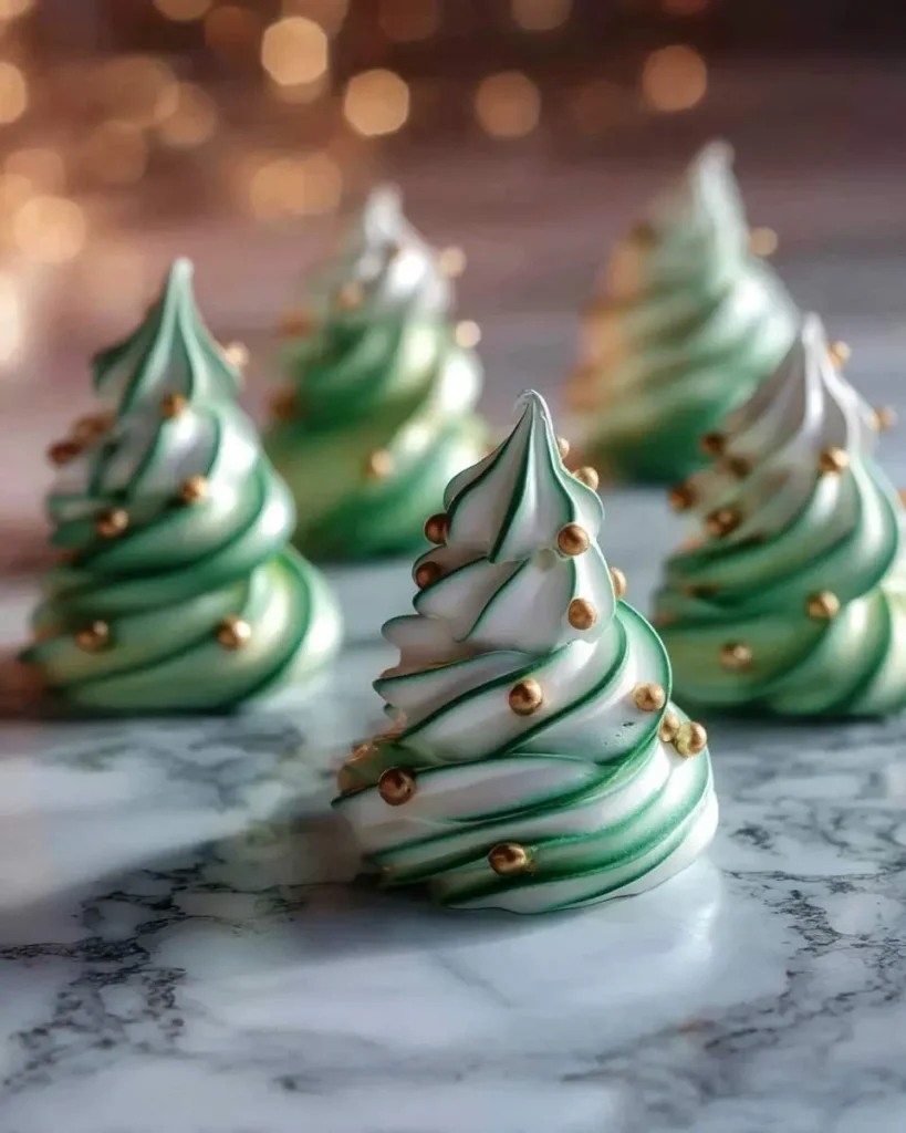 Several festive green and white swirled Christmas Tree Meringues, decorated with gold pearls, stand on a marble surface with blurred lights.